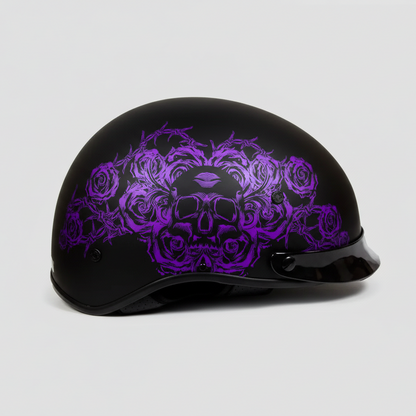 VOSS 707FRP Black Skull and Rose Half Helmet with Peak