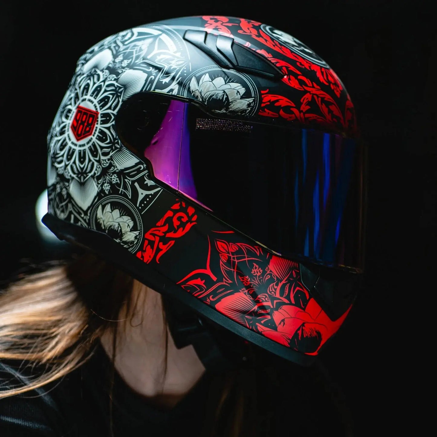 Casque de moto intégral mat VOSS 988 Moto-1 Red Mandala