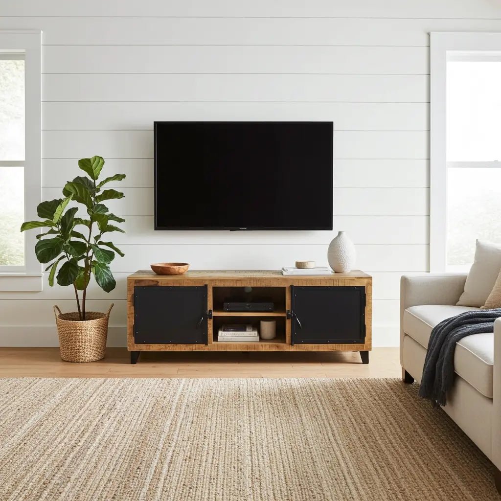 Meuble TV en bois de manguier avec porte en acier noir