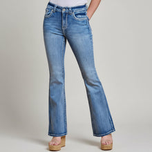 Jeans bootcut brodés pour femme Westfield Eagle. Jean stretch taille haute avec surpiqûres façon sellier.