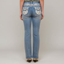Jeans bootcut brodés pour femme Westfield Eagle. Denim à strass motif ailes et rose