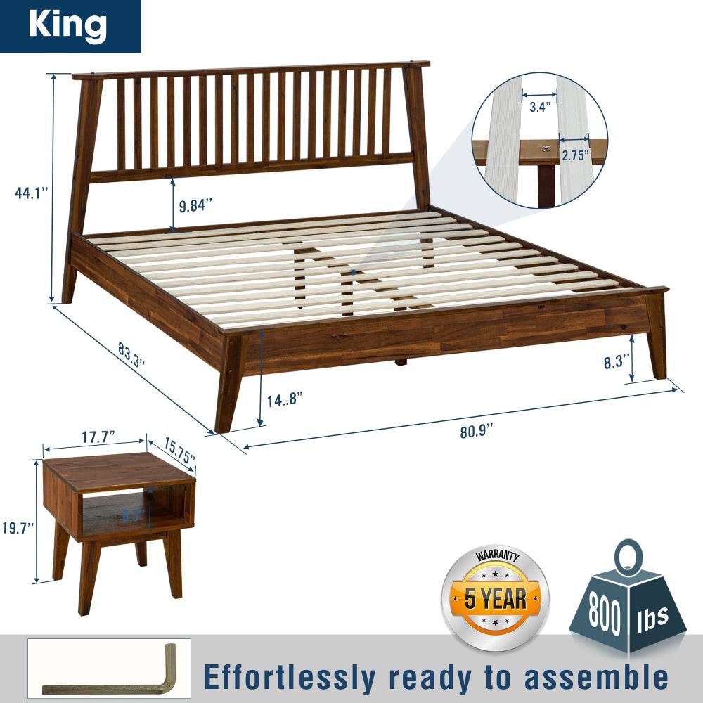 Ensemble de chambre à coucher Kaylin : lit en bois massif et table de chevet