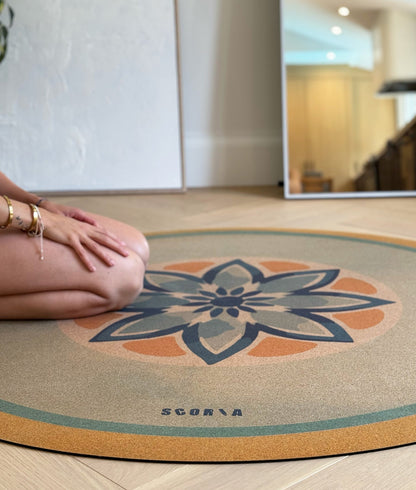 Blue Petals Round Cork Yoga Mat | Multi-use | 53" dia