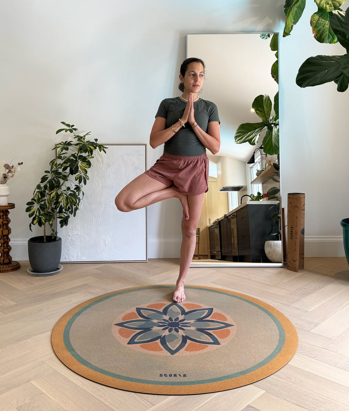 Blue Petals Round Cork Yoga Mat | Multi-use | 53" dia