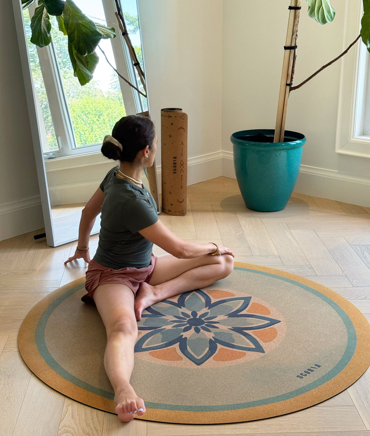Blue Petals Round Cork Yoga Mat | Multi-use | 53" dia