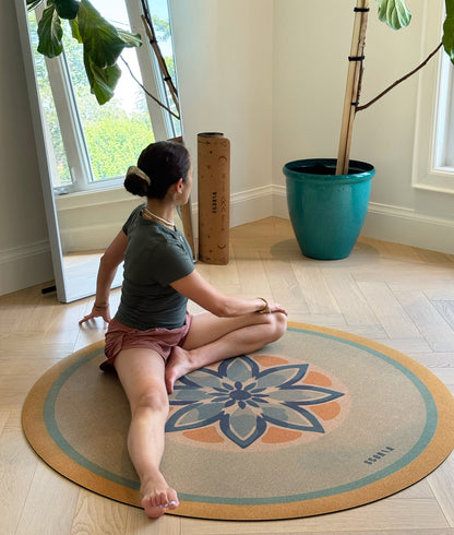 Blue Petals Round Cork Yoga Mat | Multi-use | 53" dia