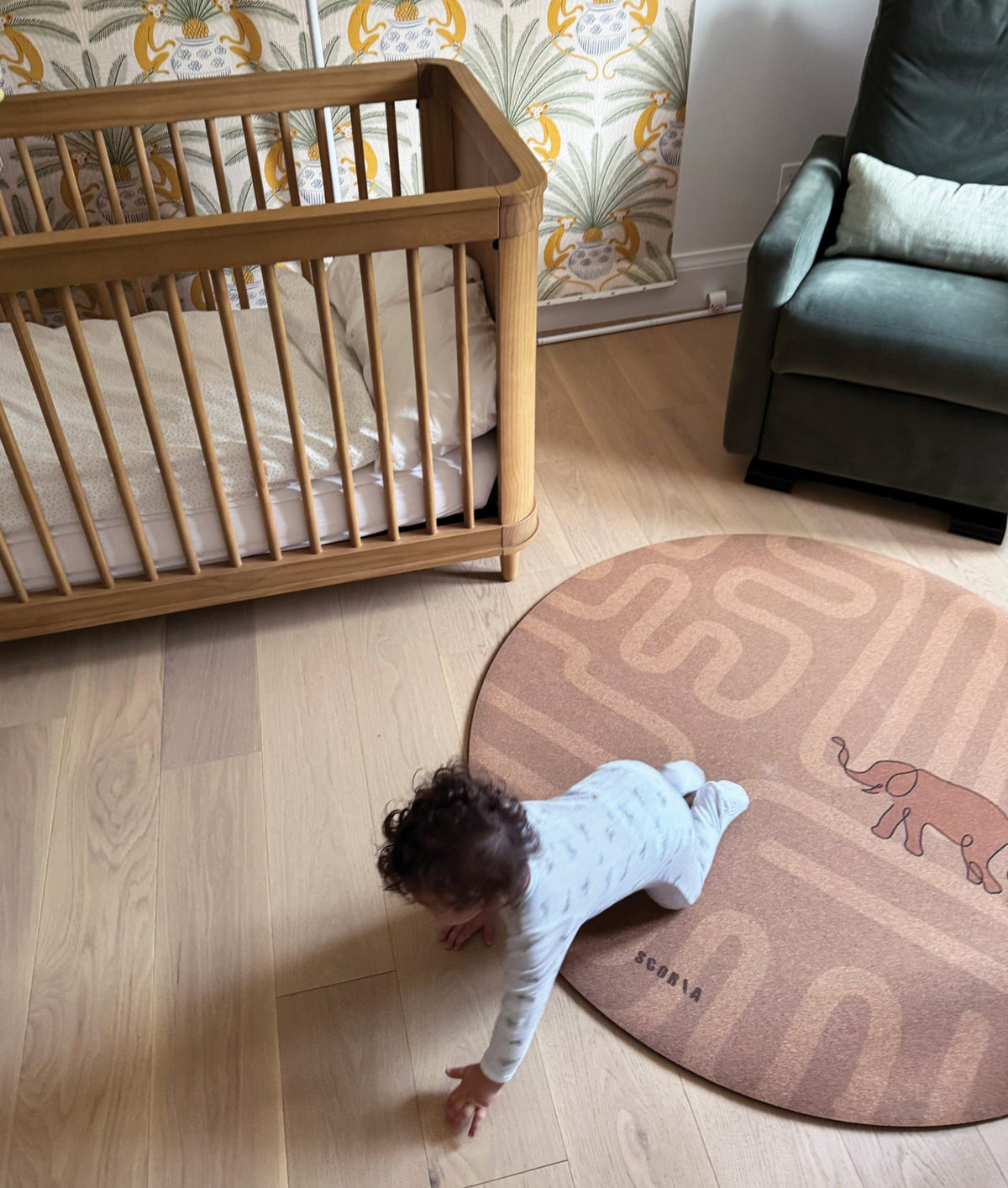 Elephant Walk Round Baby Mat | Kids Cork Yoga Mat  | Play & Stretch | 47" dia