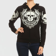 Sweat à capuche zippé pour femme avec tête de mort et ailes en strass