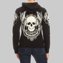 Sweat à capuche zippé pour femme avec tête de mort et ailes en strass