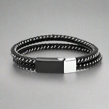 Bracelet tressé en cuir noir et fil d'acier inoxydable pour hommes