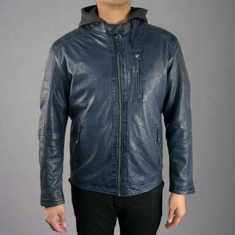 Blouson en cuir de mouton pour homme avec capuche amovible