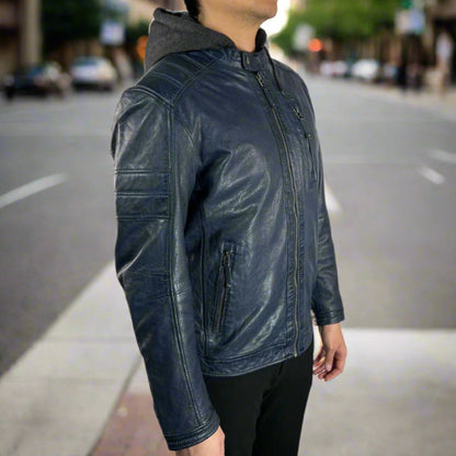 Blouson en cuir de mouton pour homme avec capuche amovible