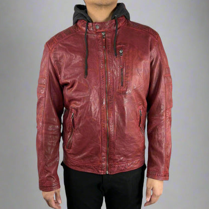 Blouson en cuir de mouton pour homme avec capuche amovible