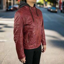 Blouson en cuir de mouton pour homme avec capuche amovible