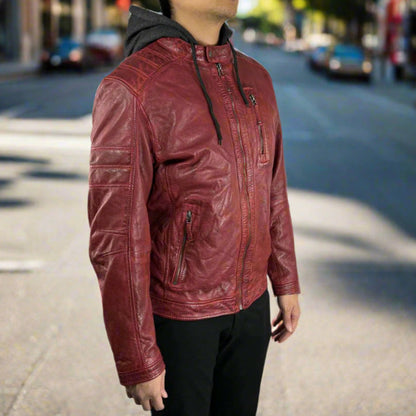 Blouson en cuir de mouton pour homme avec capuche amovible