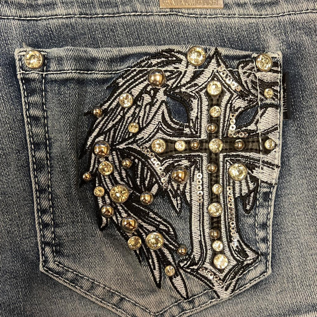 Shorts Bling en jean avec ailes d'ange pour femme Platinum Plush