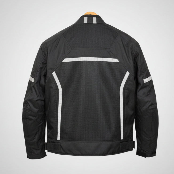 Blouson moto textile pour homme. Protections, bandes réfléchissantes et poches multiples