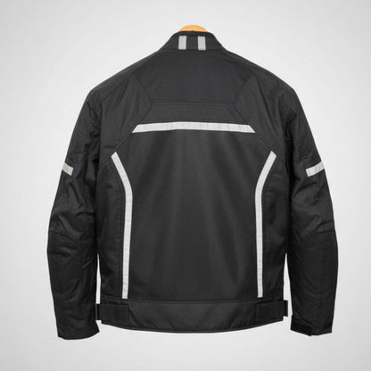 Blouson moto textile pour homme. Protections, bandes réfléchissantes et poches multiples