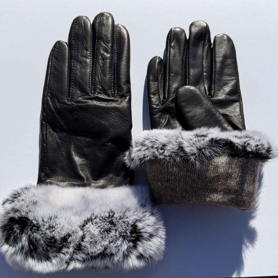 Gants en cuir d'agneau pour femme avec garniture en fourrure de lapin