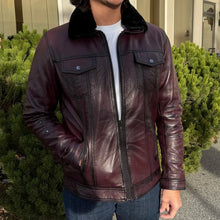 Blouson en cuir de mouton pour homme avec col en fourrure amovible