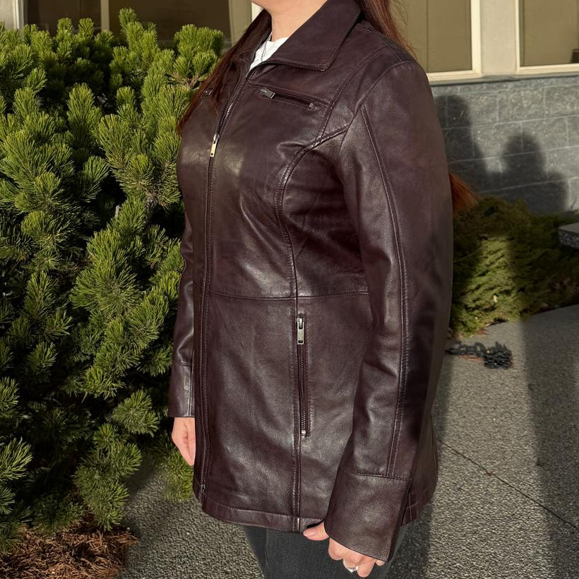 Veste Classique Mi-Longue en Cuir d'Agneau pour Femme