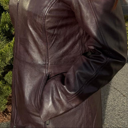 Veste Classique Mi-Longue en Cuir d'Agneau pour Femme