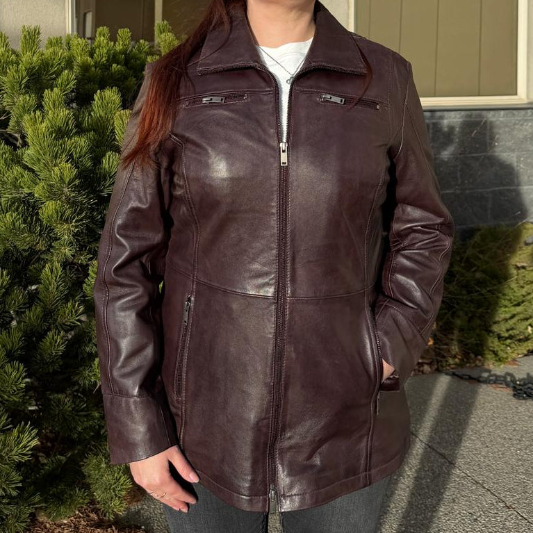 Veste Classique Mi-Longue en Cuir d'Agneau pour Femme