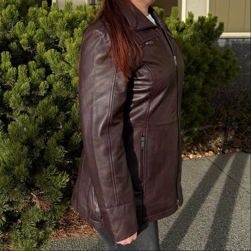 Veste Classique Mi-Longue en Cuir d'Agneau pour Femme