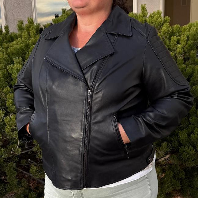 Women's Lamb Leather Biker Jacket with Quilted Ribbed Shoulders