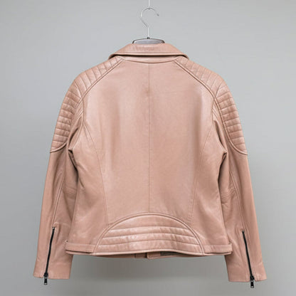 Women's Lamb Leather Biker Jacket with Quilted Ribbed Shoulders