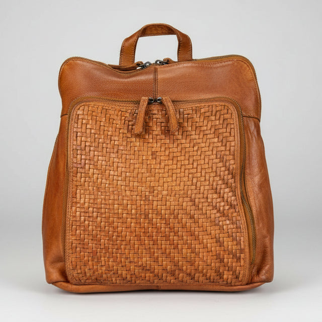 MET Classic Leather Backpack with Woven Front and Adjustable Straps