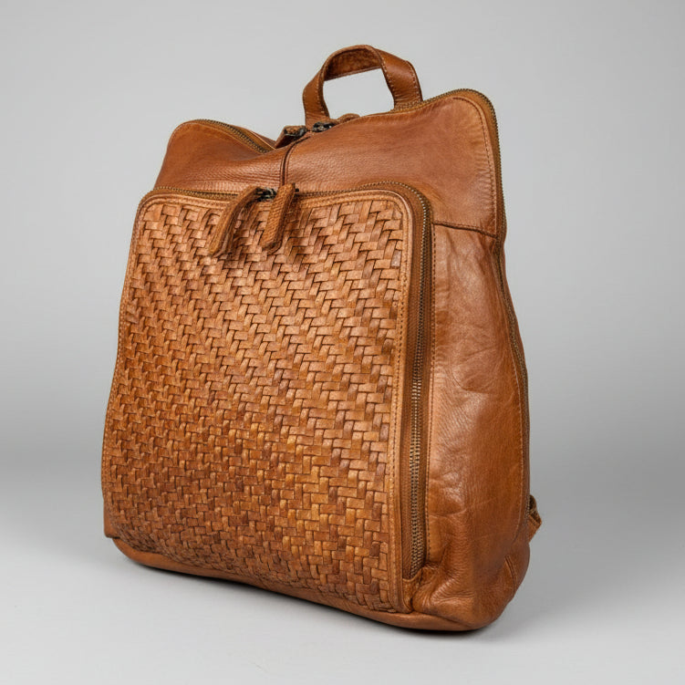 MET Classic Leather Backpack with Woven Front and Adjustable Straps