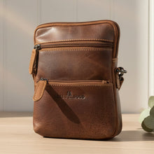 Petit sac bandoulière en cuir Greenwood. Organiseur de voyage premium à 3 fermetures éclair