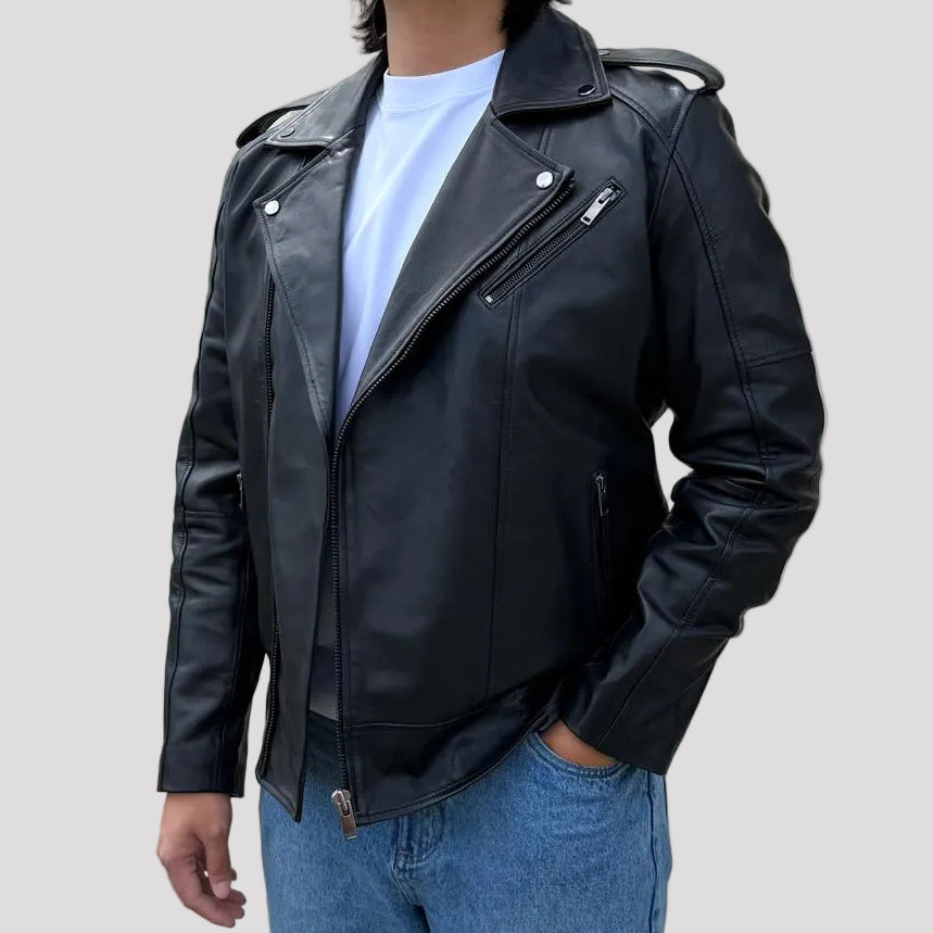 Veste Homme en Cuir d'Agneau Souple Style Motard Manteau Noir Tendance Premium