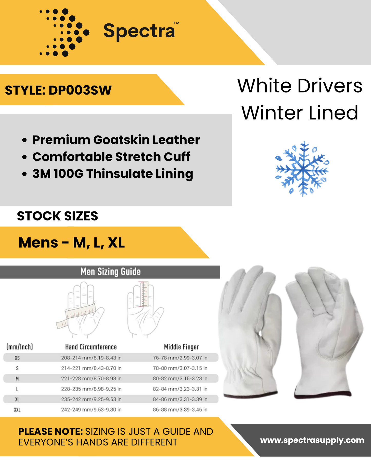 Gants de travail blancs, doublure hiver