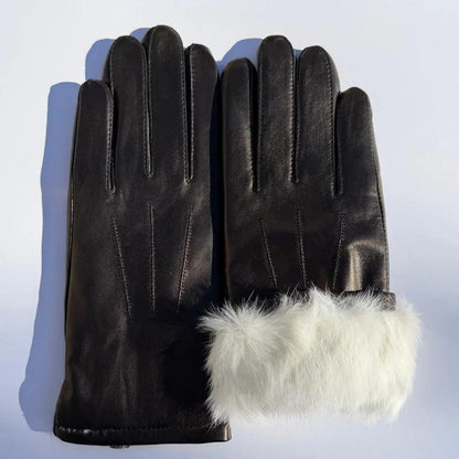 Gants en cuir d'agneau teint pour femme avec bordure en fourrure de lapin luxueuse