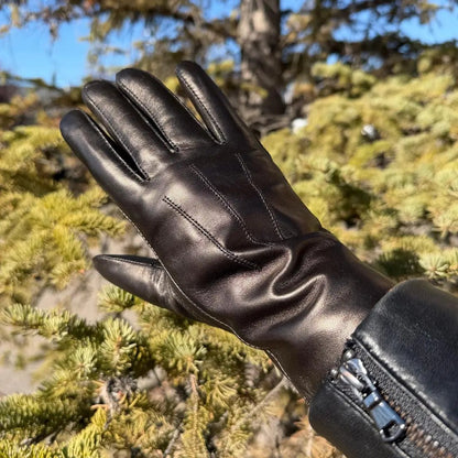 Gants en cuir d'agneau teint pour femme avec bordure en fourrure de lapin luxueuse