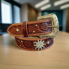 Ceinture de Rodéo en Cuir Gaufré pour Femme avec Étoiles Bling-Bling