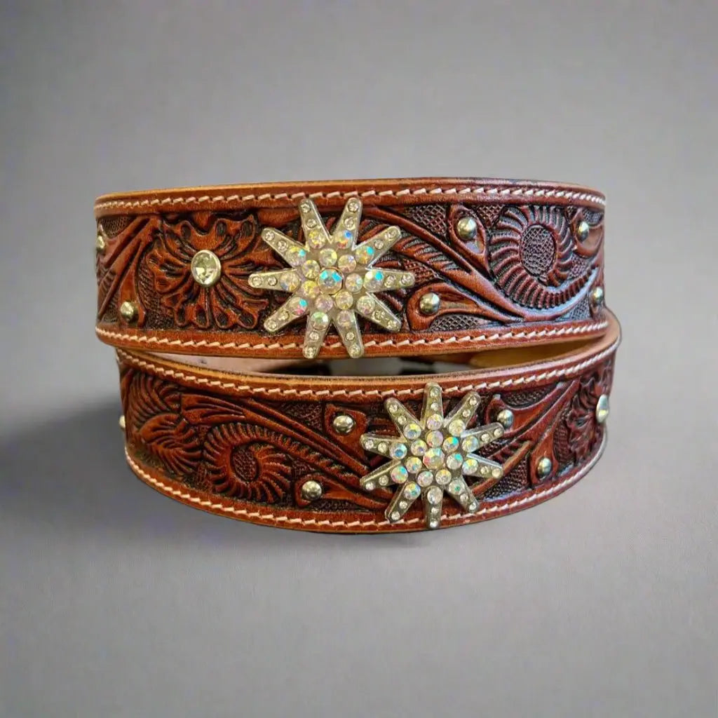 Ceinture de Rodéo en Cuir Gaufré pour Femme avec Étoiles Bling-Bling