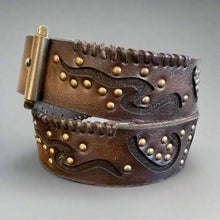Ceinture en cuir pleine fleur pour femme avec gaufrage géométrique et clous