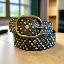 Ceinture en Cuir Pleine Fleur avec Clous et Boucle Ovale pour Femme