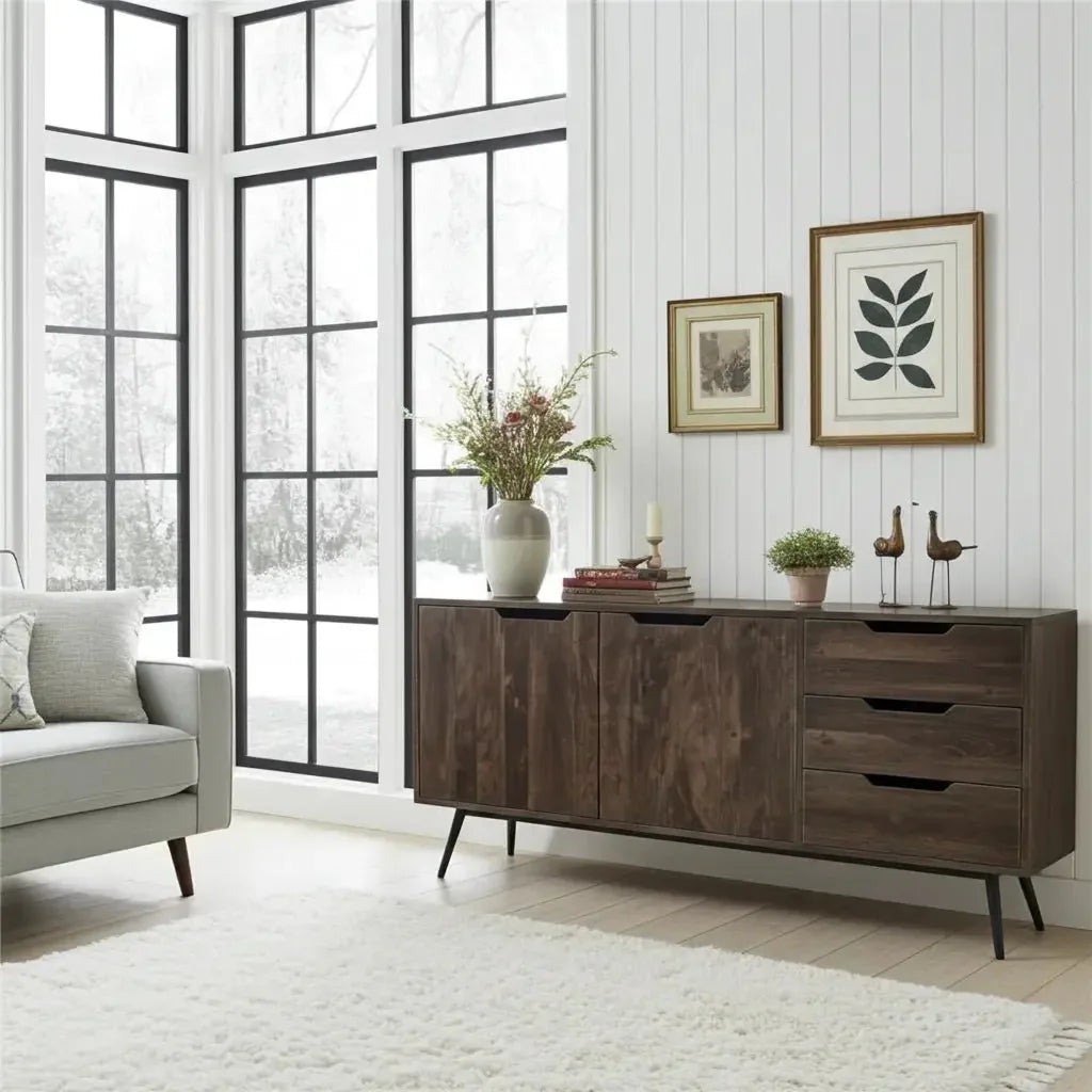 Dark brown acacia wood Scandinavian buffet