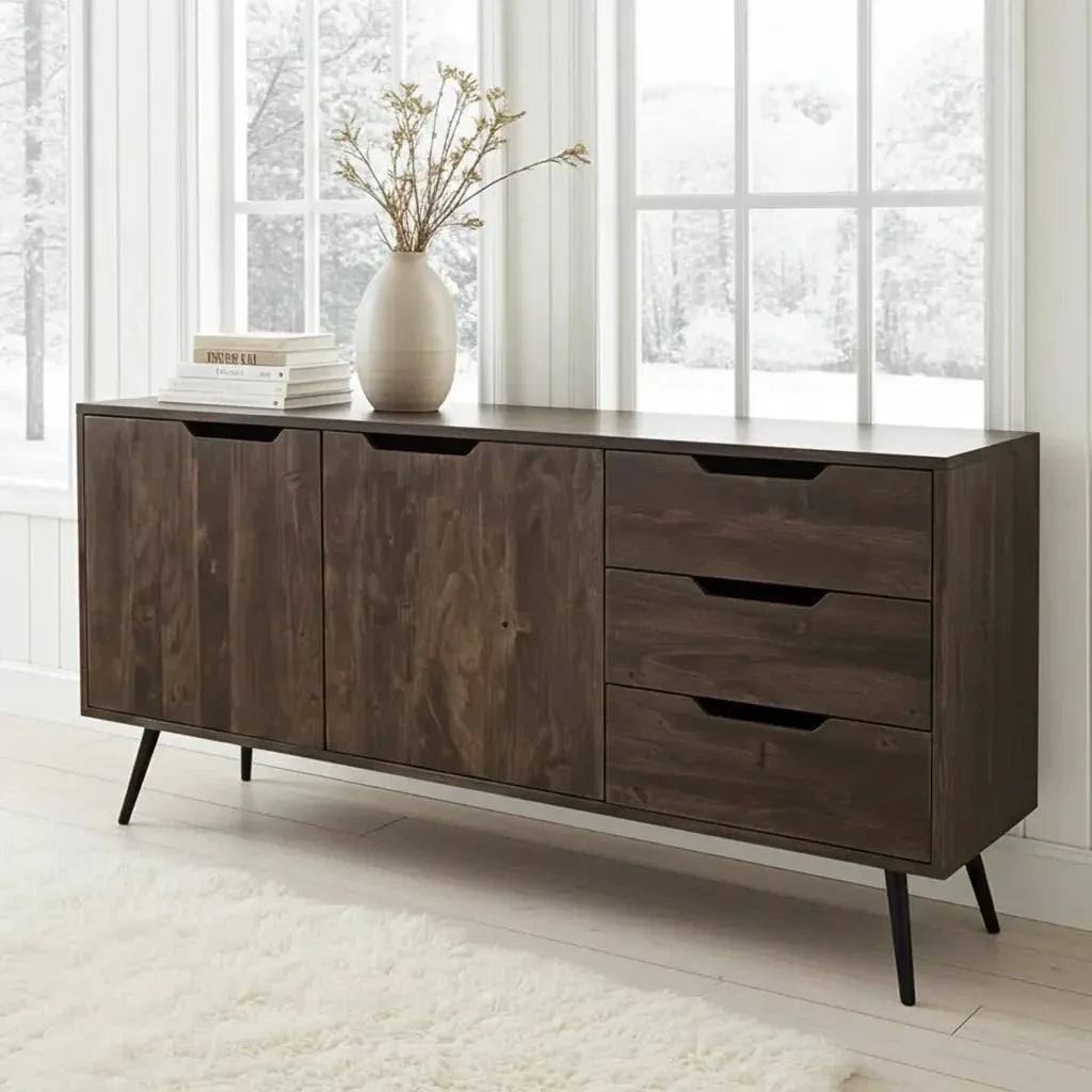 Dark brown acacia wood Scandinavian buffet