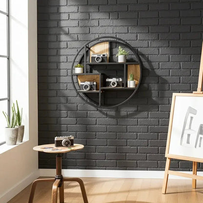Mango wood and steel round wall shelf