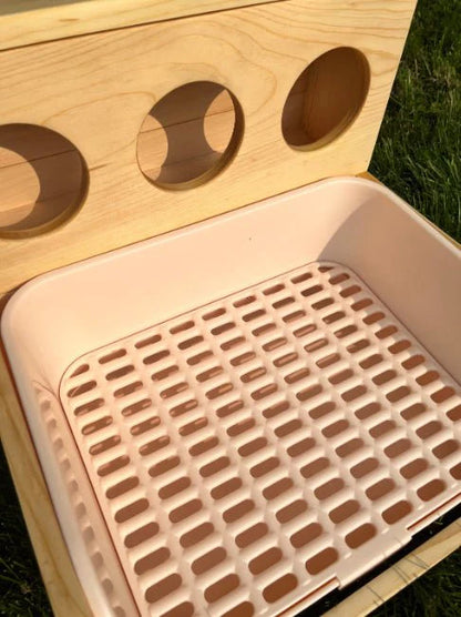 Râtelier à foin, bac à litière et grille pour lapin