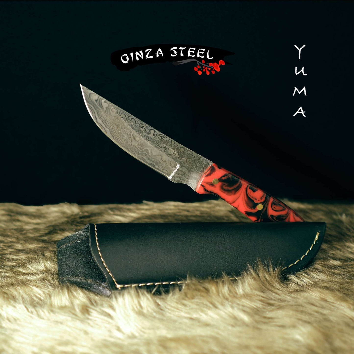 Couteau de chasse YUMA en acier Damas, lame de 5 pouces avec étui en cuir de vachette véritable