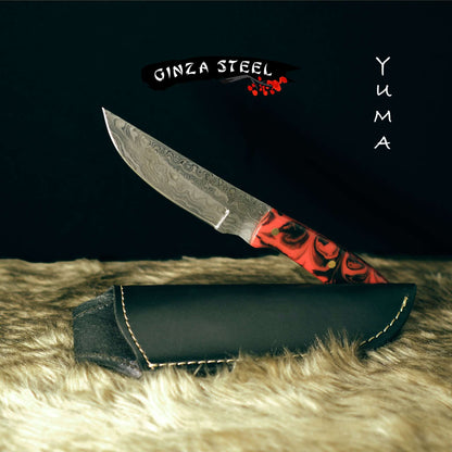 Couteau de chasse YUMA en acier Damas, lame de 5 pouces avec étui en cuir de vachette véritable