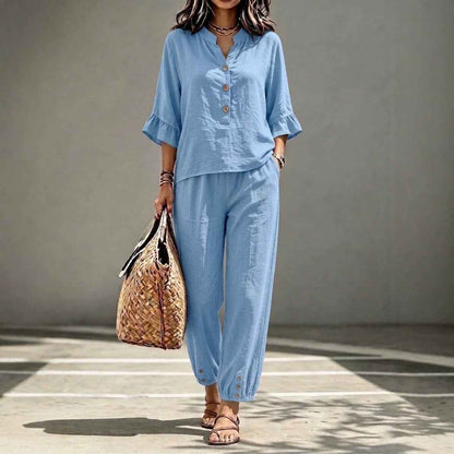 Ensemble décontracté pour femme : haut à col en V et pantalon court à jambes larges – Tenue de bureau rétro