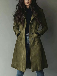 Women’s Suede Lapel Trench Coat – Mid-Length Fall & Winter Belted Jacket