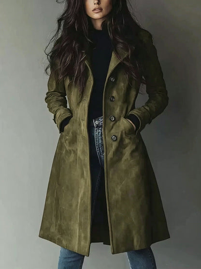 Trench-coat à revers en daim pour femme – Veste mi-longue ceinturée pour l'automne et l'hiver